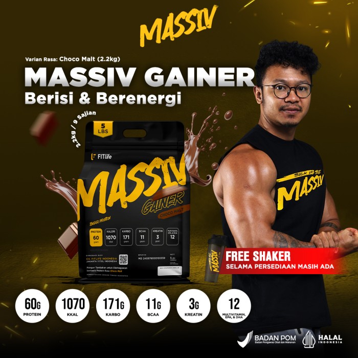 Produk MASSIV FITlife Nutrition, menyoroti efektivitasnya dalam membentuk otot