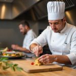 Chef profesional menyiapkan hidangan dengan teknik memasak yang kreatif di dapur