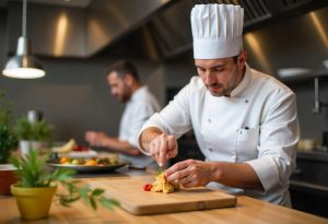 Chef profesional menyiapkan hidangan dengan teknik memasak yang kreatif di dapur