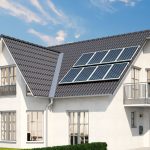 Bangunan modern dengan teknologi panel surya di atap untuk energi berkelanjutan
