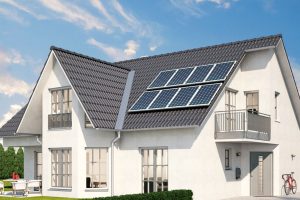 Bangunan modern dengan teknologi panel surya di atap untuk energi berkelanjutan