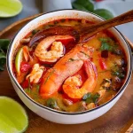 Semangkuk tom yum Thailand dengan udang, jamur, dan rempah segar dalam kuah merah pedas, disajikan dengan sendok kayu dan irisan jeruk nipis
