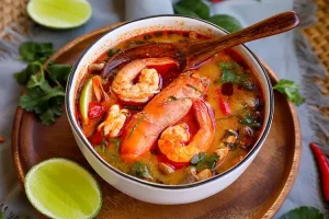 Semangkuk tom yum Thailand dengan udang, jamur, dan rempah segar dalam kuah merah pedas, disajikan dengan sendok kayu dan irisan jeruk nipis