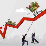 "Ilustrasi krisis ekonomi global: grafik merah menanjak dengan simbol pandemi, perang, dan inflasi, menggambarkan kenaikan harga serta dampaknya pada masyarakat