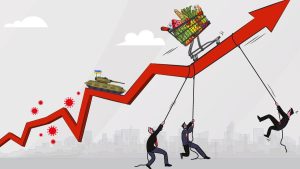 "Ilustrasi krisis ekonomi global: grafik merah menanjak dengan simbol pandemi, perang, dan inflasi, menggambarkan kenaikan harga serta dampaknya pada masyarakat