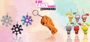 Gantungan kunci karet custom dengan desain unik seperti ayam goreng, karakter lucu, dan alat multifungsi