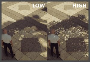 Perbandingan pengaturan grafis dalam game, menunjukkan perbedaan kualitas bayangan antara setting rendah (low) dan tinggi (high)