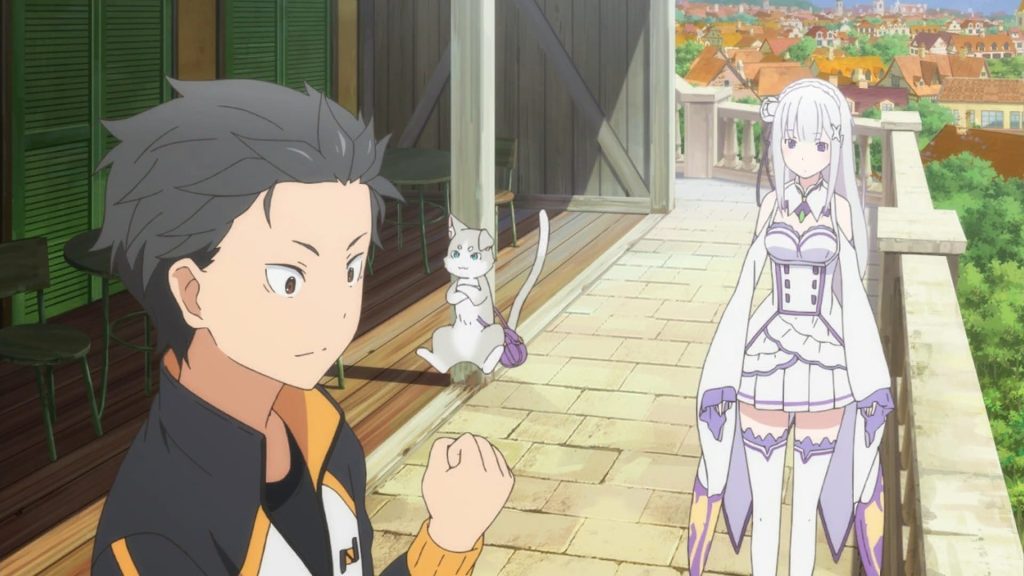 Subaru dan Emilia berdiri di balkon kota dalam adegan dari anime Re:Zero, dengan latar suasana fantasi khas dunia isekai