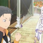 Subaru dan Emilia berdiri di balkon kota dalam adegan dari anime Re:Zero, dengan latar suasana fantasi khas dunia isekai