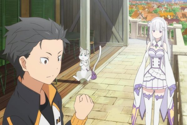 Subaru dan Emilia berdiri di balkon kota dalam adegan dari anime Re:Zero, dengan latar suasana fantasi khas dunia isekai