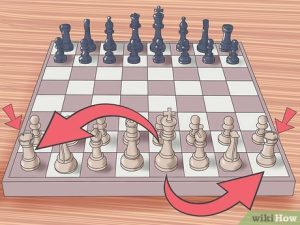 Ilustrasi langkah awal catur yang sederhana namun strategis dengan panah menunjukkan arah gerakan bidak