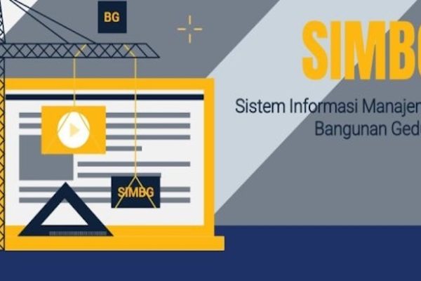 Ilustrasi sistem SIMBG (Sistem Informasi Manajemen Bangunan Gedung) dengan elemen digital dan konstruksi