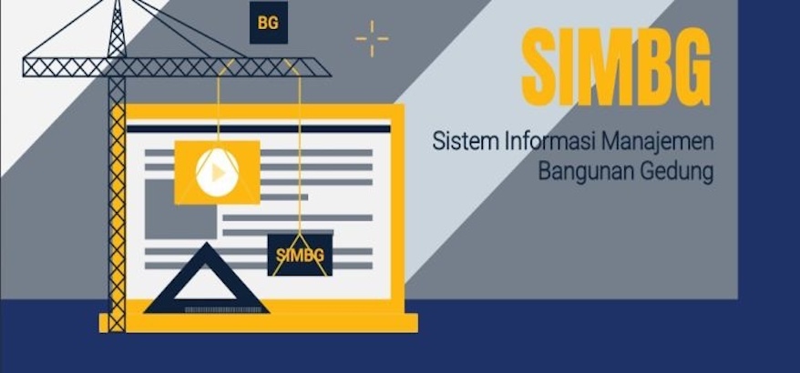 Ilustrasi sistem SIMBG (Sistem Informasi Manajemen Bangunan Gedung) dengan elemen digital dan konstruksi