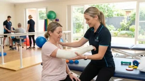 Fisioterapis membantu pasien latihan rehabilitasi lengan di klinik