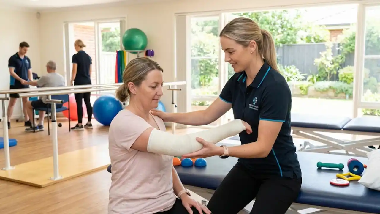 Fisioterapis membantu pasien latihan rehabilitasi lengan di klinik