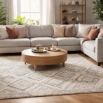 Karpet motif modern di ruang tamu minimalis dengan sofa abu-abu dan meja kayu estetik
