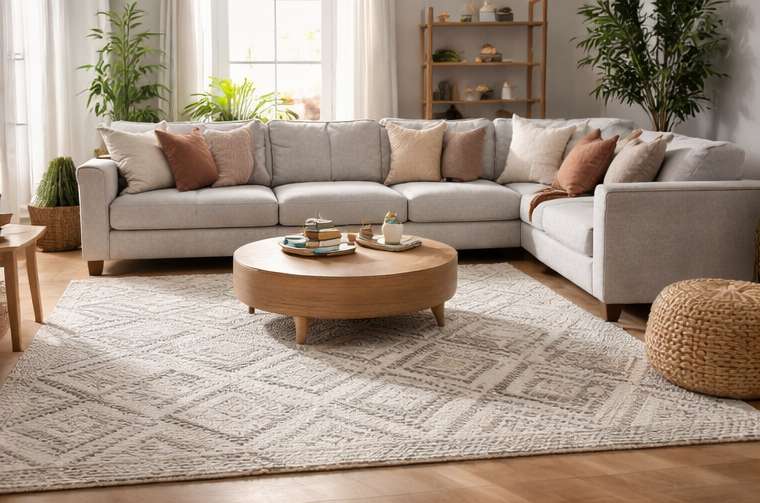Karpet motif modern di ruang tamu minimalis dengan sofa abu-abu dan meja kayu estetik