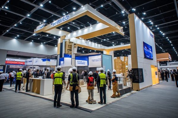 Kontraktor pameran sedang merancang dan membangun booth pameran untuk meningkatkan daya tarik brand di sebuah exhibition