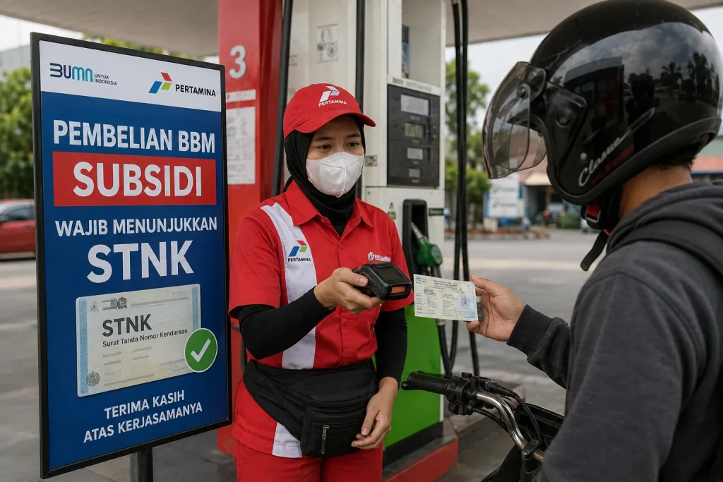 Pengendara menunjukkan STNK saat membeli BBM subsidi di SPBU